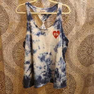 Seven‎ Stars Tank Top Womens 1X Blue Tie Dye Excellent USA Heart Twisted Back